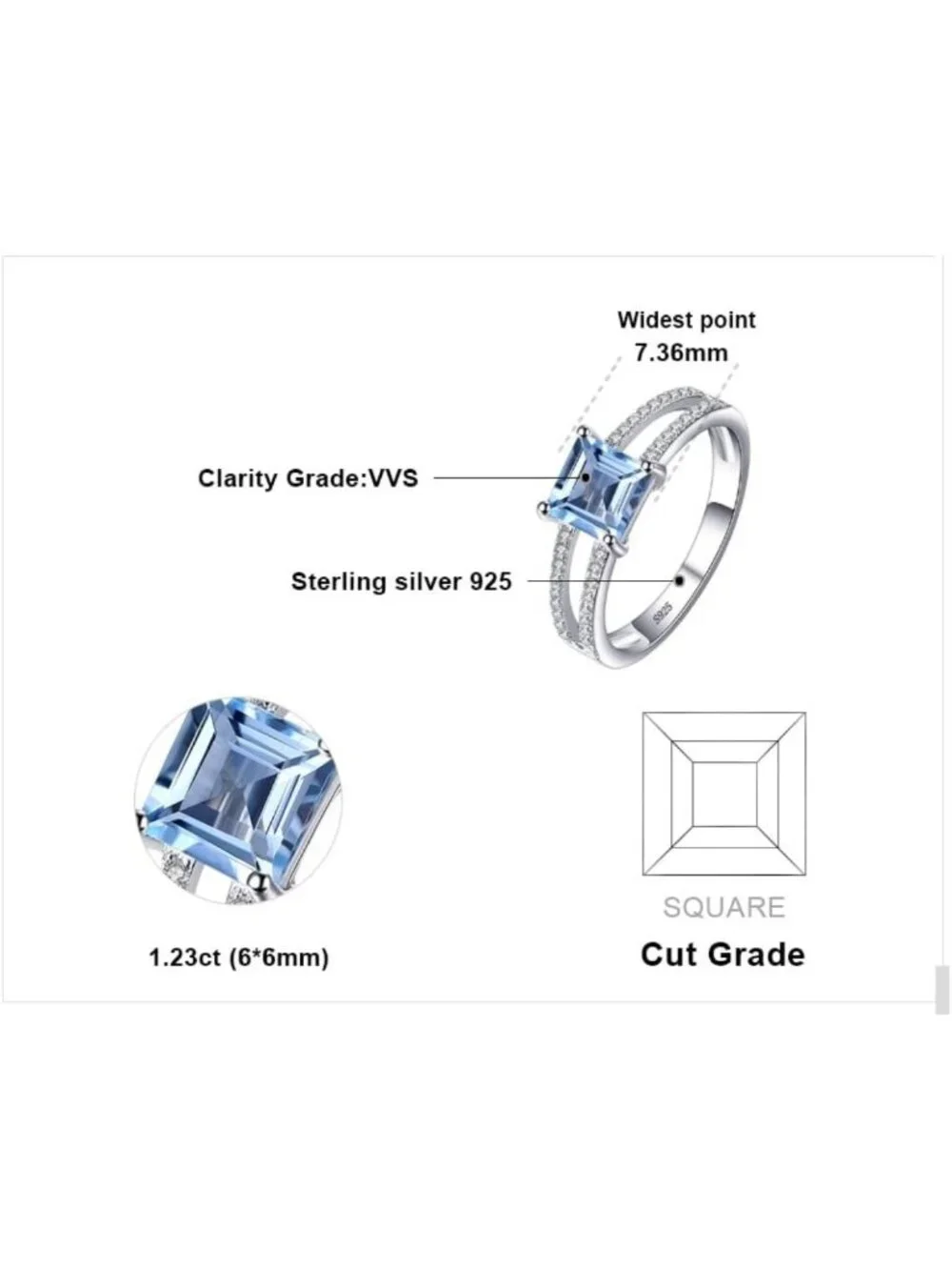 Stunning 1.2ct Blue Topaz Solitaire Ring, 14K White Gold Plated, Natural